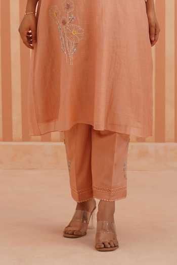 OMI_Peach Chanderi, Cotton Satin Embroidery Round Neck Mul Kurta And Pant Set _Online_at_Aza_Fashions