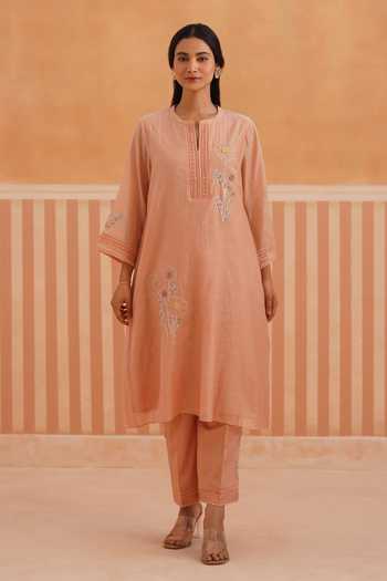 Buy_OMI_Peach Chanderi, Cotton Satin Embroidery Round Neck Mul Kurta And Pant Set _Online_at_Aza_Fashions