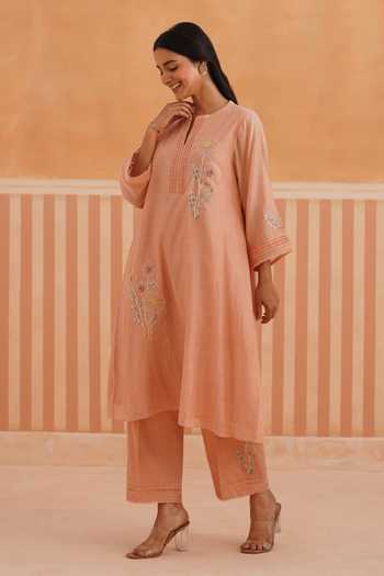 Shop_OMI_Peach Chanderi, Cotton Satin Embroidery Round Neck Mul Kurta And Pant Set _Online_at_Aza_Fashions