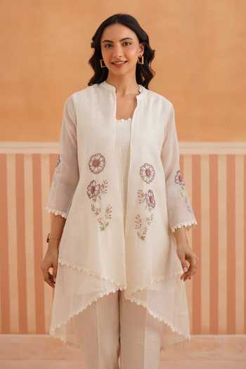 OMI_Off White Embroidery Mandarin Collar Mul Chanderi Jacket Pant Set _Online_at_Aza_Fashions