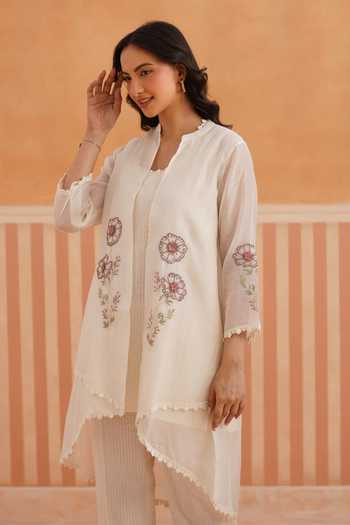 Buy_OMI_Off White Embroidery Mandarin Collar Mul Chanderi Jacket Pant Set _Online_at_Aza_Fashions