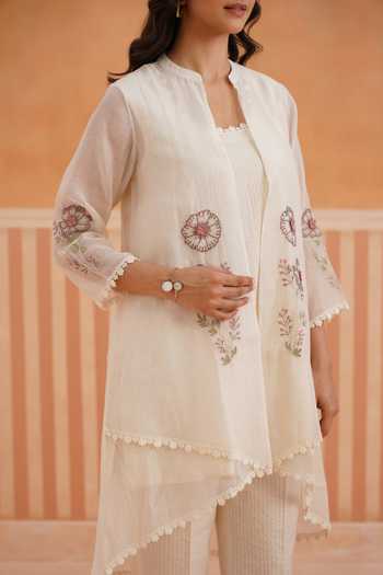 Shop_OMI_Off White Embroidery Mandarin Collar Mul Chanderi Jacket Pant Set _Online_at_Aza_Fashions