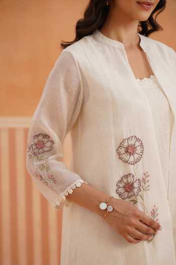 OMI_Off White Embroidery Mandarin Collar Mul Chanderi Jacket Pant Set _at_Aza_Fashions