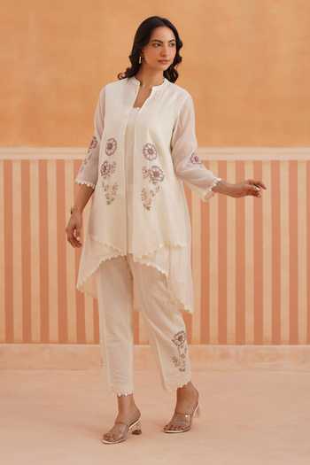 Buy_OMI_Off White Embroidery Mandarin Collar Mul Chanderi Jacket Pant Set 