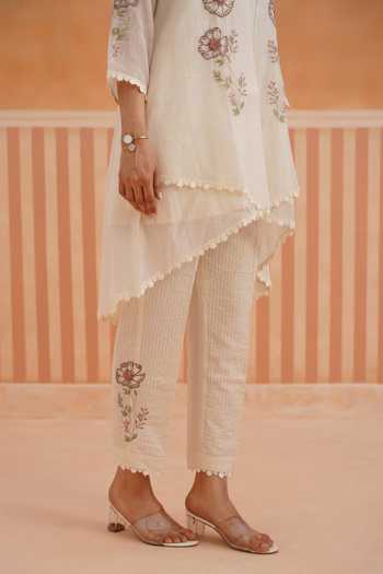 Shop_OMI_Off White Embroidery Mandarin Collar Mul Chanderi Jacket Pant Set 