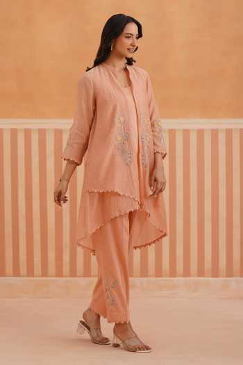 OMI_Peach Cotton Satin Embroidery Mandarin Collar Mul Chanderi Jacket And Pant Set _Online_at_Aza_Fashions