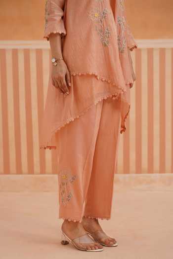 Buy_OMI_Peach Cotton Satin Embroidery Mandarin Collar Mul Chanderi Jacket And Pant Set _Online_at_Aza_Fashions