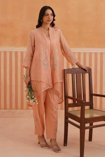 Shop_OMI_Peach Cotton Satin Embroidery Mandarin Collar Mul Chanderi Jacket And Pant Set _Online_at_Aza_Fashions