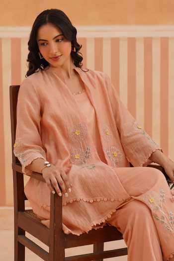 OMI_Peach Cotton Satin Embroidery Mandarin Collar Mul Chanderi Jacket And Pant Set _at_Aza_Fashions