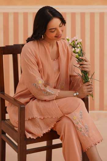 Buy_OMI_Peach Cotton Satin Embroidery Mandarin Collar Mul Chanderi Jacket And Pant Set 