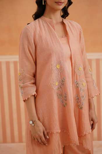 Shop_OMI_Peach Cotton Satin Embroidery Mandarin Collar Mul Chanderi Jacket And Pant Set 