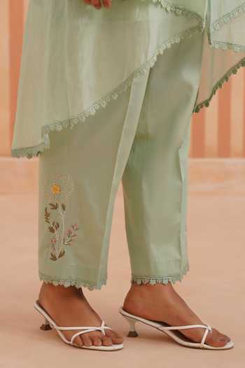 OMI_Mint Cotton Satin Embroidery Mandarin Collar Mul Chanderi Jacket Set _Online_at_Aza_Fashions