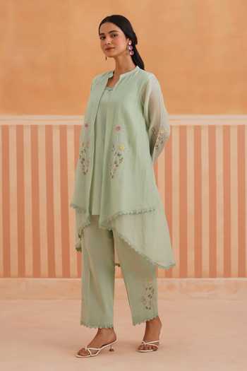 Buy_OMI_Mint Cotton Satin Embroidery Mandarin Collar Mul Chanderi Jacket Set _Online_at_Aza_Fashions