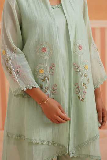 Shop_OMI_Mint Cotton Satin Embroidery Mandarin Collar Mul Chanderi Jacket Set _Online_at_Aza_Fashions