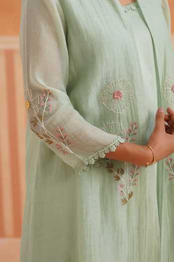 OMI_Mint Cotton Satin Embroidery Mandarin Collar Mul Chanderi Jacket Set _at_Aza_Fashions