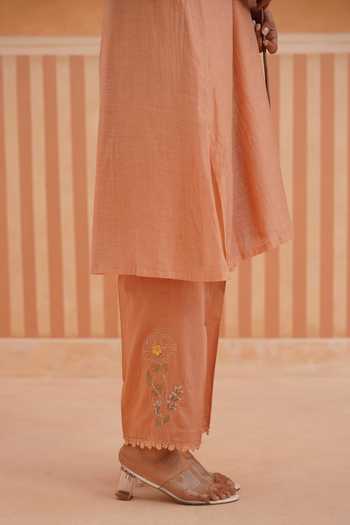Shop_OMI_Peach Chanderi, Cotton Satin Embroidery Split V-neck, Yes Mul Kurta And Pant Set _Online_at_Aza_Fashions