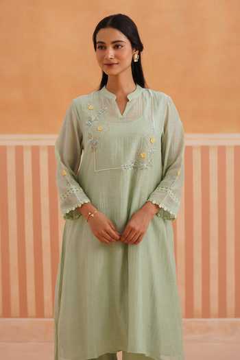 Buy_OMI_Green Chanderi, Cotton Satin Embroidery Mandarin Thread Mul Kurta And Pant Set _Online_at_Aza_Fashions