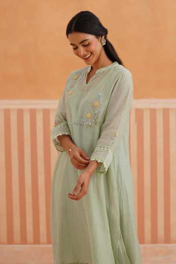 Shop_OMI_Green Chanderi, Cotton Satin Embroidery Mandarin Thread Mul Kurta And Pant Set _Online_at_Aza_Fashions