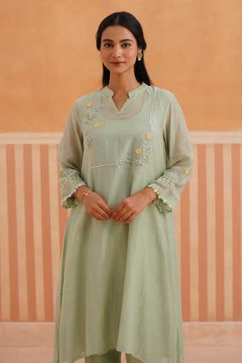 Buy_OMI_Green Chanderi, Cotton Satin Embroidery Mandarin Thread Mul Kurta And Pant Set 
