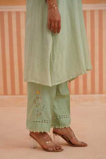 Shop_OMI_Green Chanderi, Cotton Satin Embroidery Mandarin Thread Mul Kurta And Pant Set 