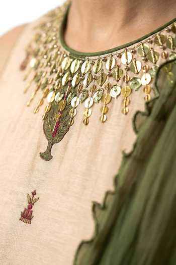 Shop_Basanti Kapde aur Koffee_Beige Muslin, Organza Mirrors Round Neck Motif Pattern Kurta And Palazzo Set _Online_at_Aza_Fashions