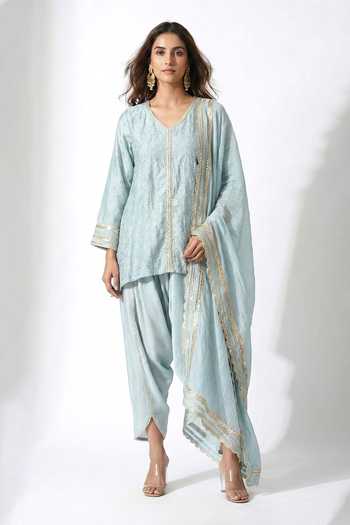 Buy_Basanti Kapde aur Koffee_Blue Cotton, Linen V-neck, Yes Gota Work Kurta Set _Online_at_Aza_Fashions