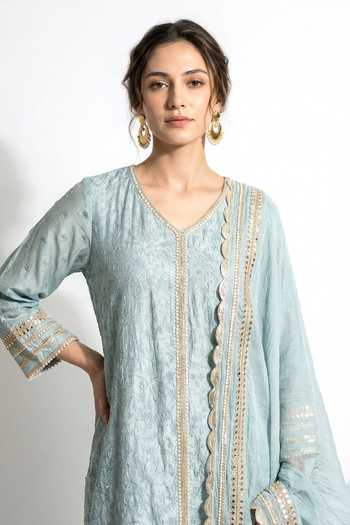 Shop_Basanti Kapde aur Koffee_Blue Cotton, Linen V-neck, Yes Gota Work Kurta Set _Online_at_Aza_Fashions