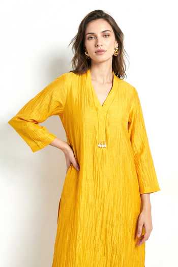 Shop_Basanti Kapde aur Koffee_Yellow Chanderi V-neck Kurta And Salwar Set _Online_at_Aza_Fashions