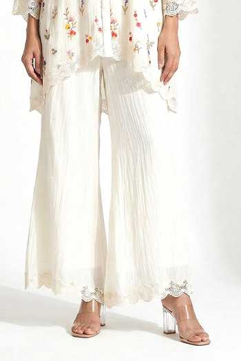 Basanti Kapde aur Koffee_Ivory Cotton, Chanderi Lace Collared Embroidered Shirt And Palazzo Set _Online_at_Aza_Fashions