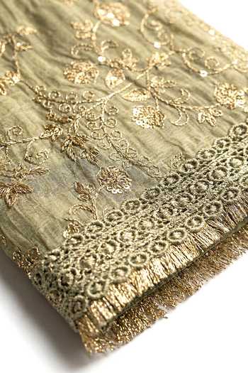 Buy_Basanti Kapde aur Koffee_Green Organza, Chanderi, Viscose V-neck, Yes Embroidered Kurta Set _Online_at_Aza_Fashions