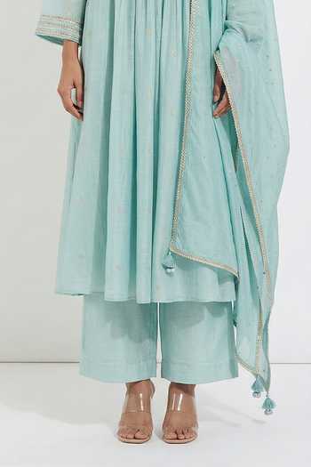 Basanti Kapde aur Koffee_Aqua Cotton V-neck Anarkali Kurta And Palazzo Set _Online_at_Aza_Fashions