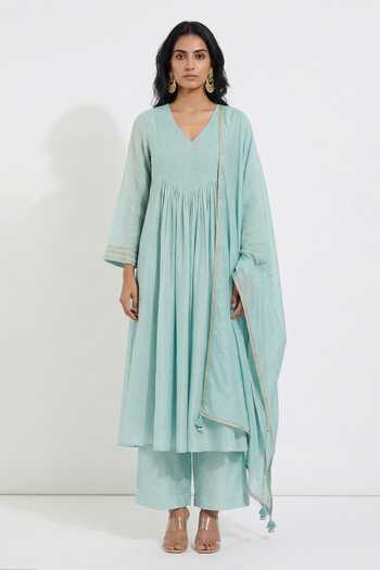 Buy_Basanti Kapde aur Koffee_Aqua Cotton V-neck Anarkali Kurta And Palazzo Set _Online_at_Aza_Fashions