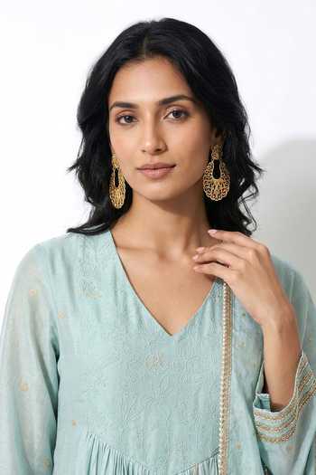 Shop_Basanti Kapde aur Koffee_Aqua Cotton V-neck Anarkali Kurta And Palazzo Set _Online_at_Aza_Fashions
