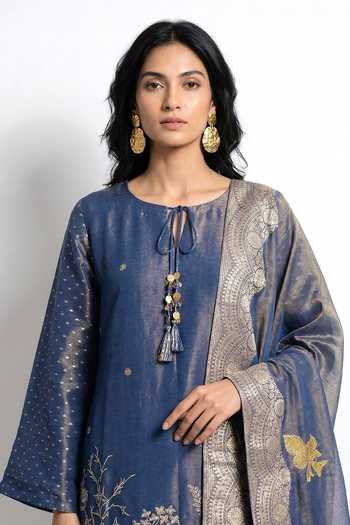 Buy_Basanti Kapde aur Koffee_Blue Tissue Round Neck Zari Work Banarsi Kurta And Palazzo Set _Online_at_Aza_Fashions