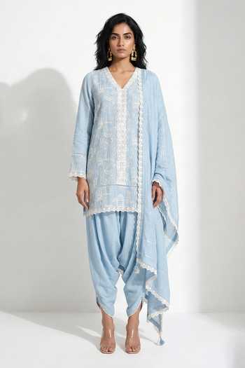 Basanti Kapde aur Koffee Embroidered Cotton Chanderi Kurta & Dhoti Set 