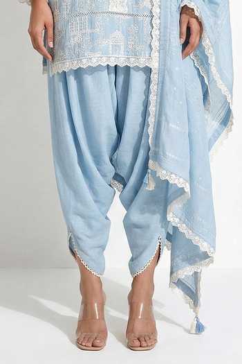 Basanti Kapde aur Koffee_Blue Cotton, Chanderi V-neck, Yes Embroidered Kurta And Dhoti Set _Online_at_Aza_Fashions