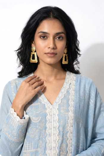 Buy_Basanti Kapde aur Koffee_Blue Cotton, Chanderi V-neck, Yes Embroidered Kurta And Dhoti Set _Online_at_Aza_Fashions