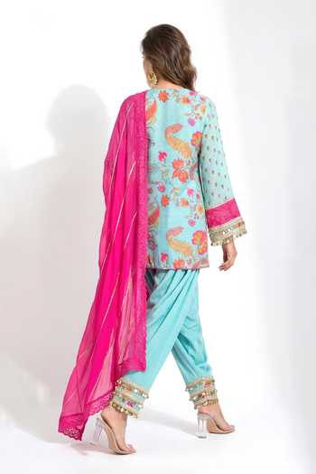Basanti Kapde aur Koffee_Blue Silk, Cotton, Muslin V-neck Embroidered Floral Kurta Sharara Set _Online_at_Aza_Fashions