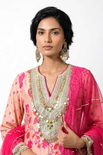 Basanti Kapde aur Koffee_Pink Silk, Cotton, Muslin V-neck, Yes Embroidered Yoke Kurta Sharara Set _Online_at_Aza_Fashions