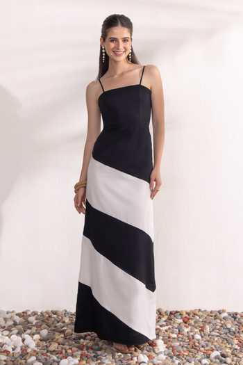 Zazu_Black Cotton Satin Square Neck Monochrome Maxi Dress _Online_at_Aza_Fashions