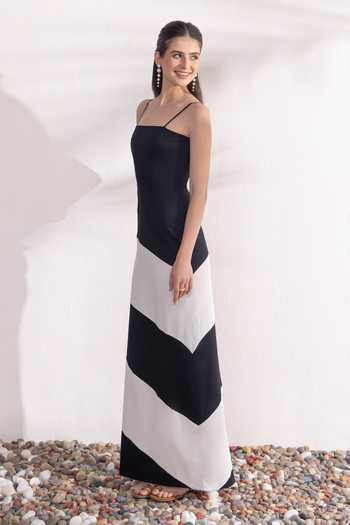 Buy_Zazu_Black Cotton Satin Square Neck Monochrome Maxi Dress _Online_at_Aza_Fashions