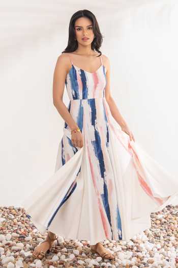 Buy_Zazu_Multi Color Cotton Satin V-neck Blush Brushstroke Maxi Dress _Online_at_Aza_Fashions