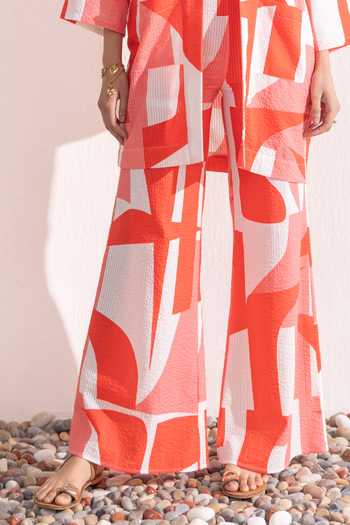 Zazu_Red Cotton Open , Bandeau Coral Geometric Print Jacket Pant Set _Online_at_Aza_Fashions