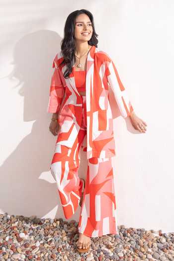 Zazu_Red Cotton Open , Bandeau Coral Geometric Print Jacket Pant Set _at_Aza_Fashions