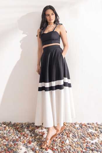 Buy_Zazu_Black Cotton Satin Sweetheart Neck Cropped Top And Two Tone Skirt Set _Online_at_Aza_Fashions