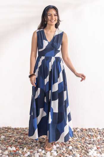 Buy_Zazu_Blue Cotton Satin V-neck Geometric Print Maxi Dress _Online_at_Aza_Fashions