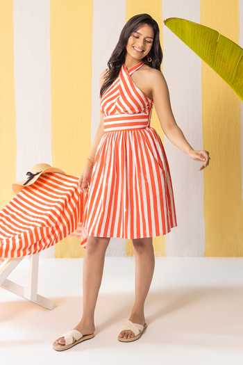 Zazu_White Cotton Satin Halter Neck Striped Short Dress _Online_at_Aza_Fashions