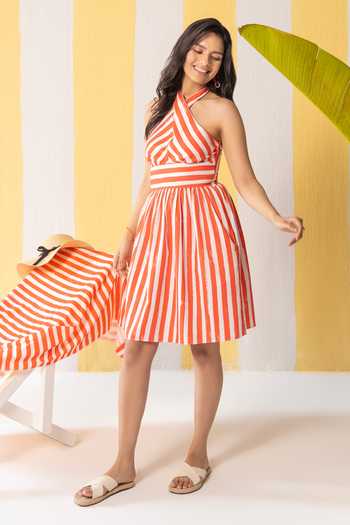 Shop_Zazu_White Cotton Satin Halter Neck Striped Short Dress _Online_at_Aza_Fashions
