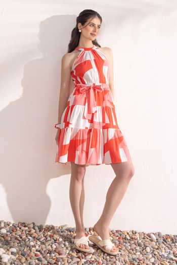 Zazu_Ivory Cotton Halter Neck Geometric Print Short Dress _Online_at_Aza_Fashions