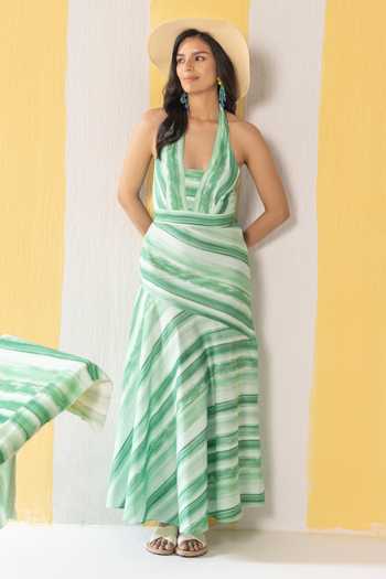 Zazu_Green Cotton Satin Halter Neck Striped Maxi Dress _Online_at_Aza_Fashions